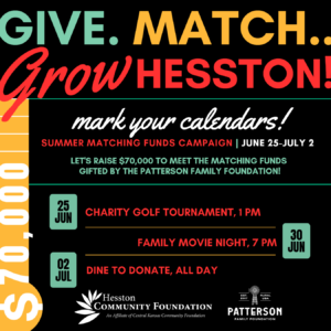 Give, Match, Grow Hesston! Mark your calendars for the charity golf tournament on June 25 at 1 PM